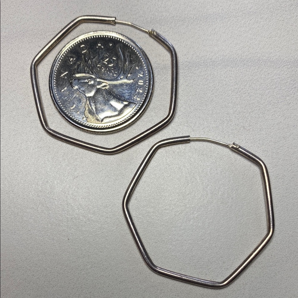 Hexagonal Sterling Silver Hoop Earrings 925 - Picture 2 of 3
